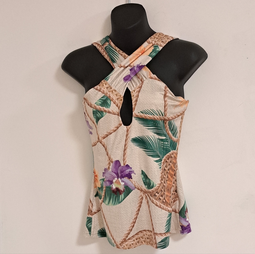 Chic Me Tropical Floral Cross-Neck Top Misses Size Small